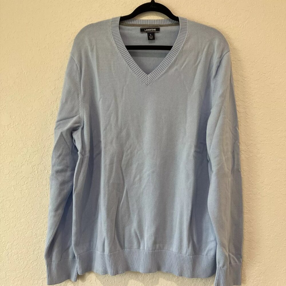 Lands End Mens Lightweight Sweater Size L 42-44 Light Blue 100% Cotton
